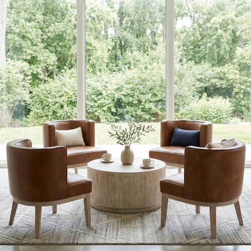 BESTANO Barrel Accent Chairs Set of 2, PU Leather Comfy Side Chairs, Brown