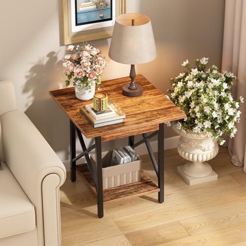 GreenForest 24 Inch Square End Table, X-Frame with Large 2-Tier Storage