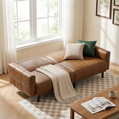 83" Mid Century Modern Faux Leather Sofa, Brown Leather Futon Sofa