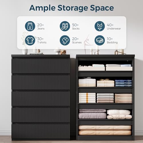 Jocoevol 5 Drawer Dresser, 43" Tall Dresser Chest of Drawers Fluted Desi...
