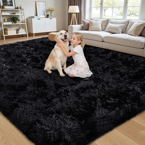 8x10 Area Rug for Living Room,Black Fluffy Shag Non-Slip Bedroom Rugs