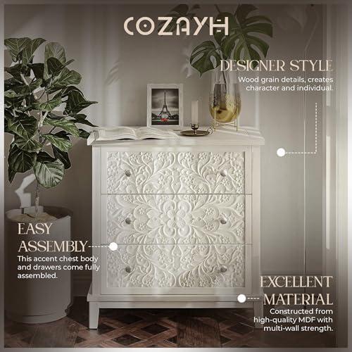 COZAYH Farmhouse 3-Drawer Dresser, Floral Carved, Distressed White-Washed