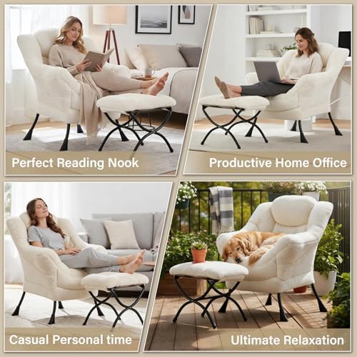 Lazy Chair and Ottoman, Large Plush Beige Contemporary Accent Chair with a Si...