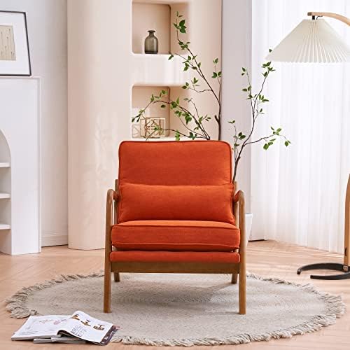 VINGLI Linen Burnt Orange Comfy Accent Chair, Mid Century Modern Lounge Armch...