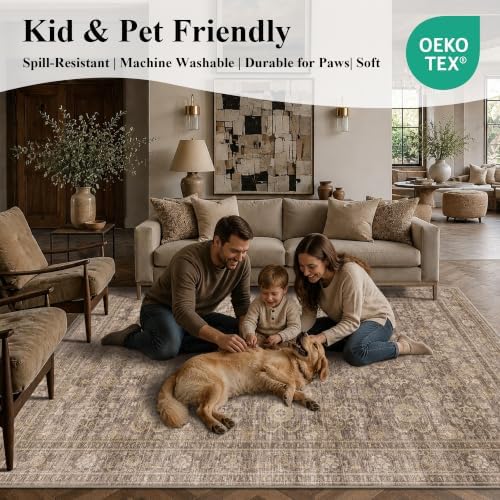 JOOJA 8x10 Neutral Tan Vintage Soft Low Pile Boho Washable Large Area Rug