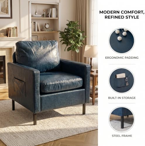 STHOUYN Blue Faux Leather Accent Chairs, Living Room Chairs Metal Legs