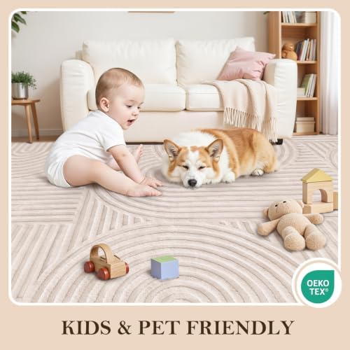Ciicool 6x9 Large Area Rug for Living Room,Beige Washable High-Low Pile