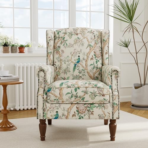 Floral Wingback Accent Chair with Wood Legs, Bird, Set of 1