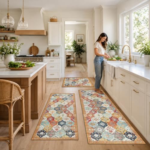 3-Piece Colorful Boho Rug Set - Washable Moroccan Ogee Area Rugs, Non-Slip Lo...