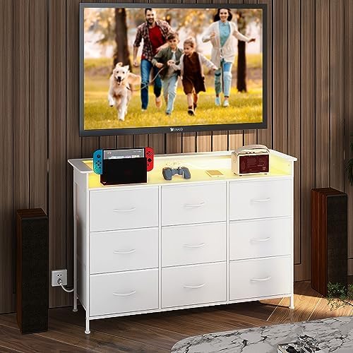 EXOTICA White Dresser with LED Light for Bedroom 9 Drawer Dressers with Charg...