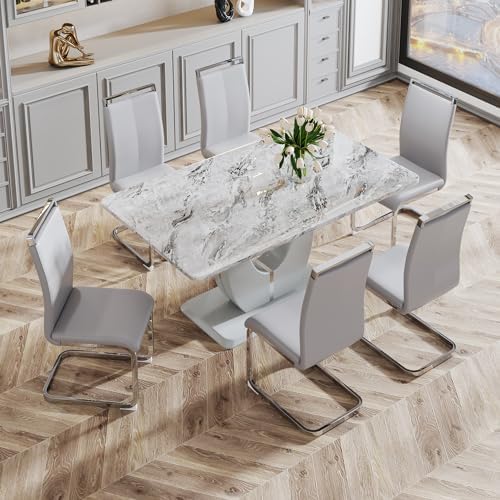 JUFU 7 Piece Dining Table Set for 6, 63 Inch Faux Marble Rectangular Kitchen ...