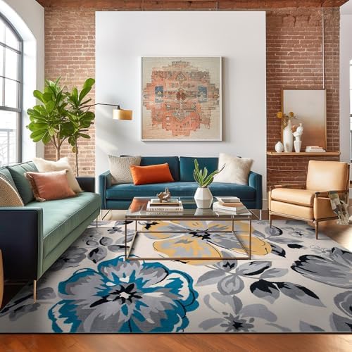 Rugshop Modern Floral Living Room Bedroom Area Rug Cream 5' x 7'
