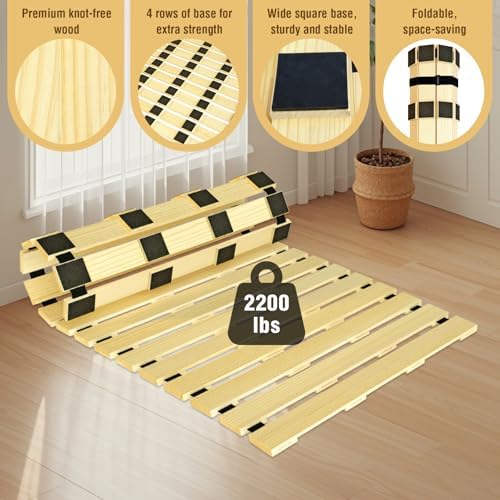 Japanese Tatami Mat Floor Bed, Knotless Solid Wood, Roll-Up Slatted, Bed Plat...