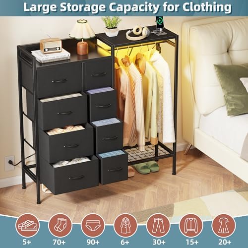 HIGDBFE 8-Drawer Dresser with Hanging Rack for Bedroom, Black, 11.8" D