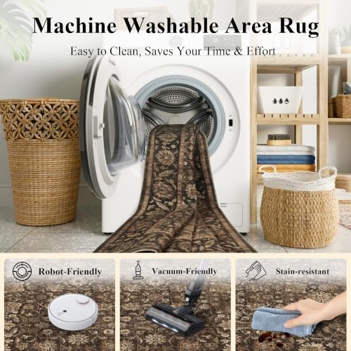Washable 8x10 Living Room Non-Slip Area Rug Retro Brown Large Carpet