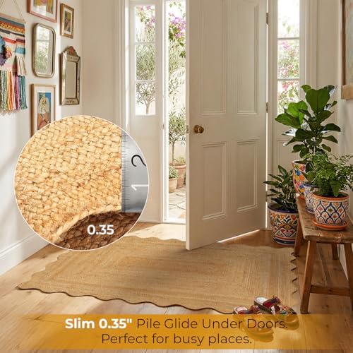 GRUHUM Jute Area Rug 2'x3' ft Wave Scalloped Natural Handwoven Boho R...