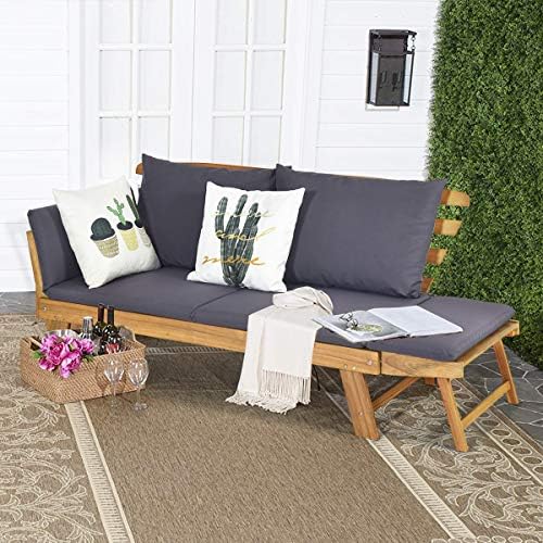 Tangkula Convertible Acacia Wood Patio Sofa Bed with Adjustable Armrest