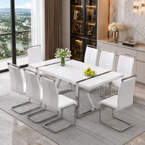 Ebullient White Dining Table Set for 8,Rectangular MDF Kitchen Table and Leat...
