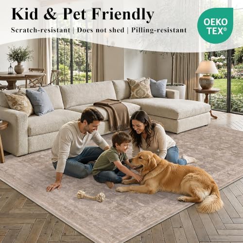Living Room Washable 8x10 Area Rug Soft Boho Large Carpet Light Taupe