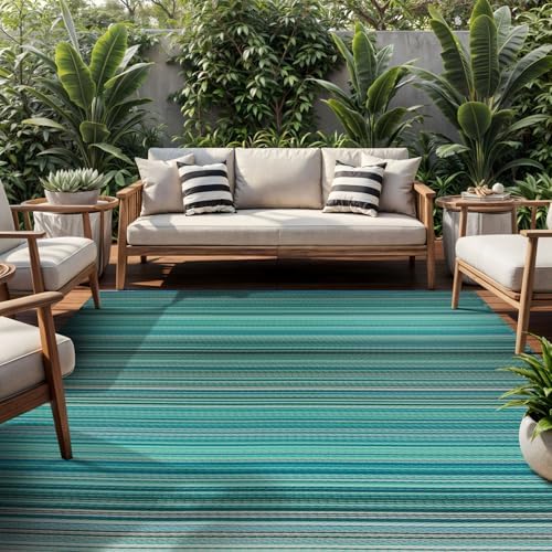 Rugshop Contemporary Stripe Patio Deck Backyard Area Rug Blue 5' x 7'