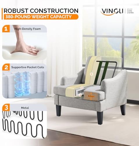 VINGLI Linen Fabric Accent Chairs Set of 2, Grey Modern Upholstered Armchair,...
