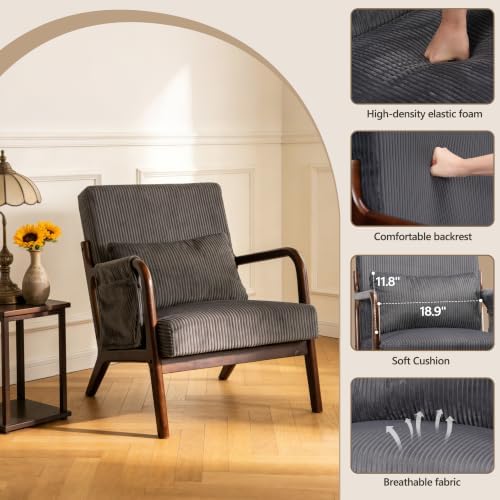Mid Century Modern Accent Chair with Pocket, Solid Wood Armchair, Dark Gray