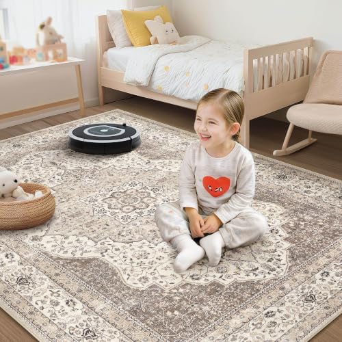 Vintage 6x9 Washable Area Rugs for Living Room, Non Slip, Brown