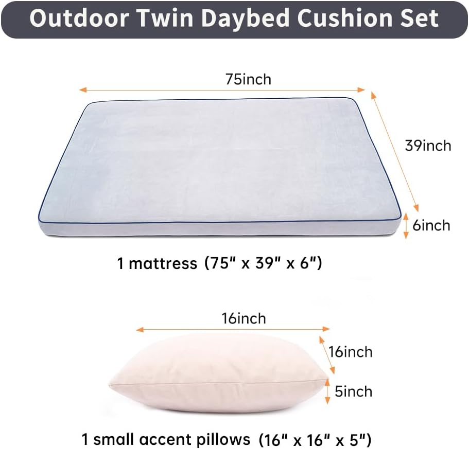 Outdoor Twin Daybed Cushion Set, Patio Porch Swing Bed Mattress – Soft Comfor...