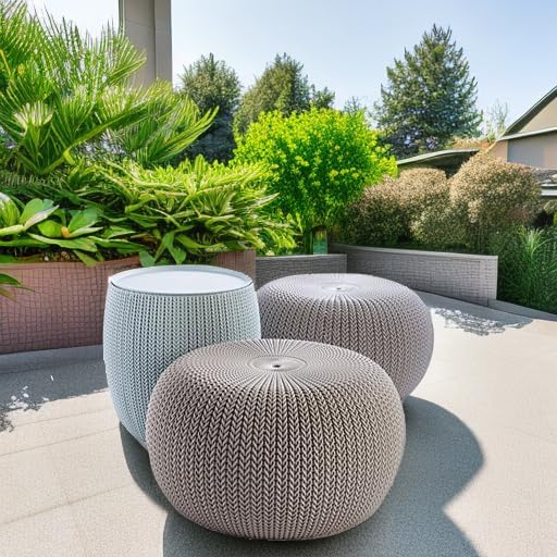 Keter Urban Knit Pouf Ottoman Set of 2 with Storage Table for Patio and Room ...