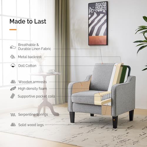 VINGLI Accent Chair, Linen Upholstered Grey Armchair for Living Room