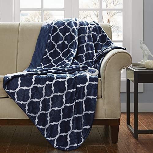 Beautyrest Plush Heated Throw, Fast Heating Electric Blanket, Indigo
