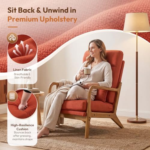 Bonnlo High Back Linen Burnt Orange Mid Century Modern Accent Chair, Soild Wo...