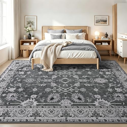 Hanples 9x12 Area Rugs for Living Room, Washable Rug Vintage Floral, Gray