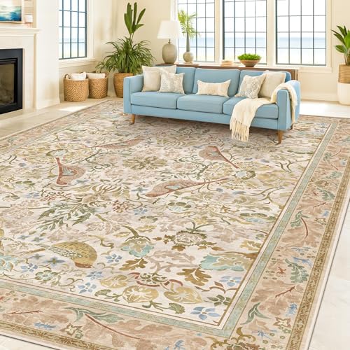 Washable Living Room Rug 8x10 - Country Style Beige Floral Area Rugs for Bedr...