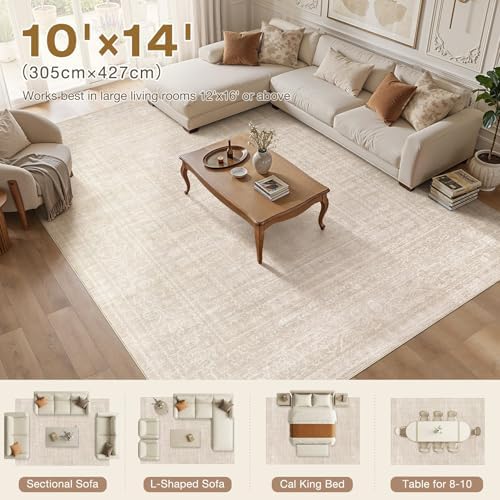 Nakagishi Neutral 10x14 Area Rugs for Living Room Washable, Beige