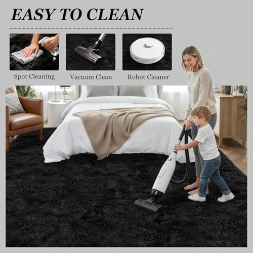 8x10 Area Rug Living Room Bedroom: Fluffy Plush Shag Carpet Black