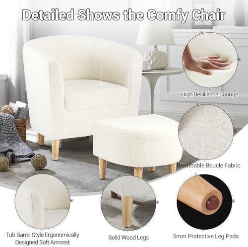 DAZONE Sherpa Accent Chair with Ottoman White Fluffy Teddy Barrel Armchair