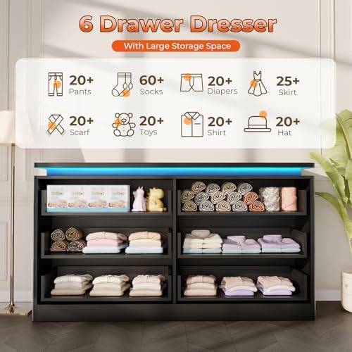 6 Drawer Dresser for Bedroom, 47.24" Black Chest of Drawers w/LED Lights