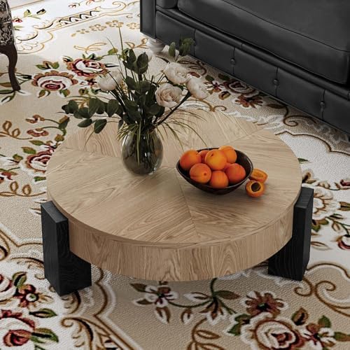 Round Coffee Table with Hidden Storage & 3 Block Legs
