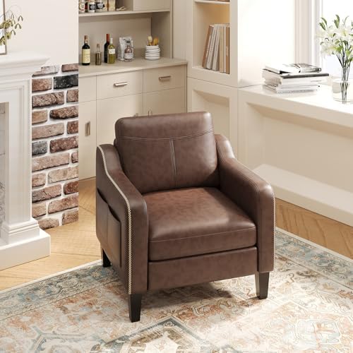 MALOL PU Leather Accent Chair, Mid-Century Modern Living Room Armchair Sofa w...