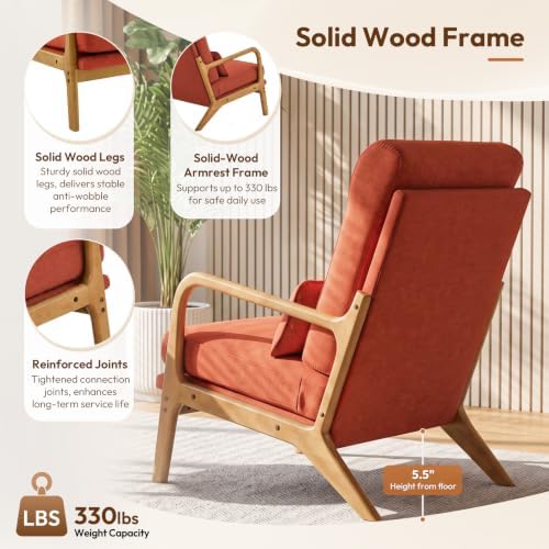 Bonnlo High Back Linen Burnt Orange Mid Century Modern Accent Chair, Soild Wo...