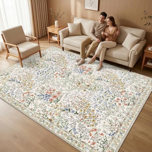 Vintage Botanical Floral Rug 8x10: Cottage Area Rug - Machine Washable Non Sl...