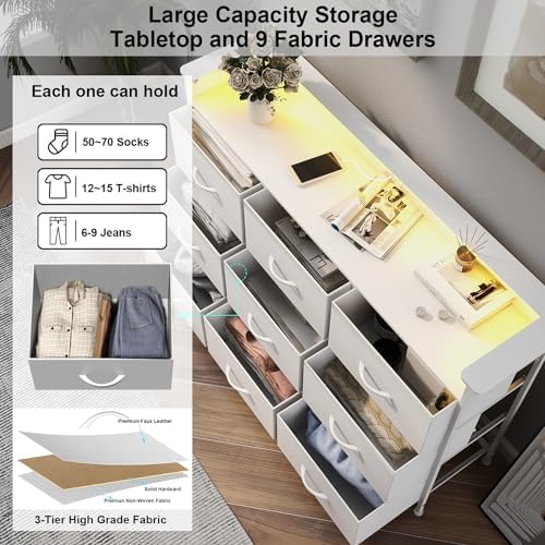 EXOTICA White Dresser with LED Light for Bedroom 9 Drawer Dressers with Charg...