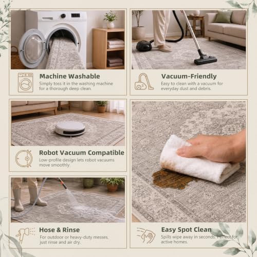 5x7 Area Rug for Living Room, Washable Waterproof Boho, Grey