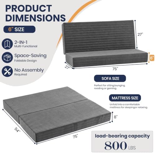 6 Inch Futon Mattress Full Size, Foldable Futon Floor Sofa Bed with Soft Thic...