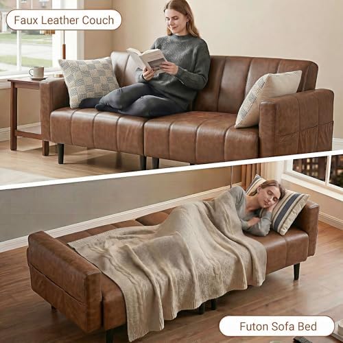 83" Mid Century Modern Faux Leather Sofa, Brown Leather Futon Sofa