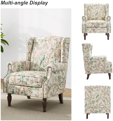 Floral Wingback Accent Chair with Wood Legs, Bird, Set of 1
