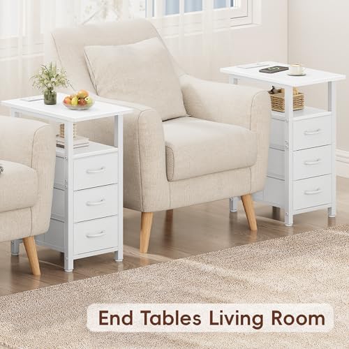 Vagusicc White End Table with Charging Station, Narrow Side Table, Narrow Nig...