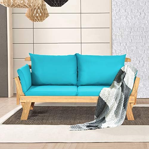 Tangkula Convertible Acacia Wood Patio Sofa Bed with Adjustable Armrest