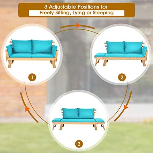 Tangkula Convertible Acacia Wood Patio Sofa Bed with Adjustable Armrest